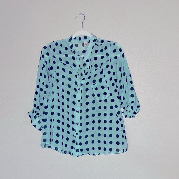 ALLOY Mint Polka Dot 3/4 Sleeve Button Down Margot Blouse - Picture 1 of 6